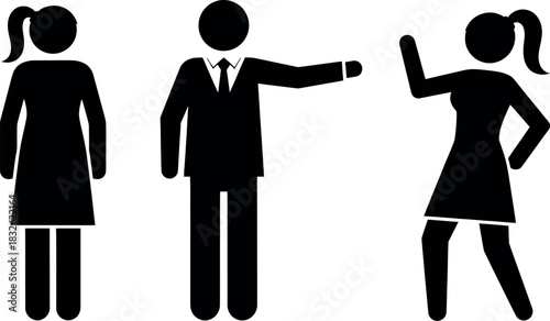 Business stick figure man pointing to happy dancing woman next to standing woman icon