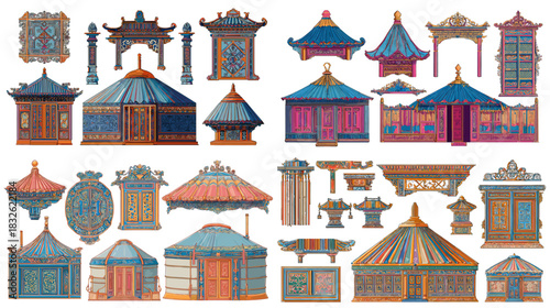 Colorful traditional pavilion and architectural elements featuring ornate roofs, wooden structures, and classic cultural details ideal for heritage design and artistic illustration.
