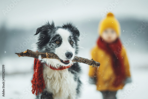 Little child 3 or 4 years old in a hat and coat plays with a dog outdoors in a snowy forest in winter
