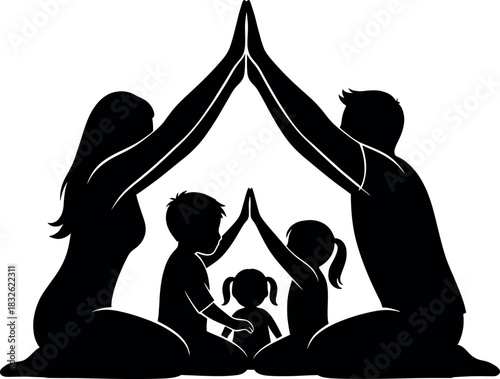 Silhouette of a loving family of four forming a protective roof shape over their children