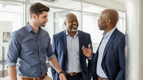 Diverse Businessmen Discussing Strategy in Modern Corporate Office