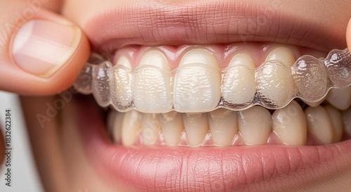 Person placing clear aligner on teeth for orthodontic treatment and dental correction