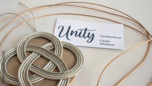 Abstract unity symbol woven from metallic threads with card reading interdependence creates wholeness