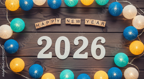 Happy New Year 2026 with Festive Decor and Lights