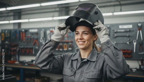 Smiling woman lifting welding mask in workshop with tools hanging on wall for safety work
