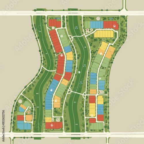 A colorful architectural rendering displays a planned urban development with buildings, roads, and green spaces in a detailed layout.