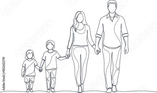 Continuous line drawing of a happy family of four walking together holding hands