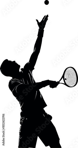 Silhouette of a male tennis player tossing ball up high preparing to serve with racket ready