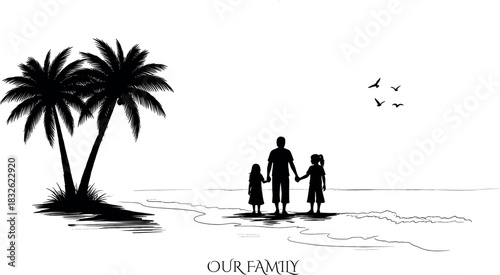 Silhouette of father holding hands with two daughters walking on the beach near palm tree in black and white vector art style
