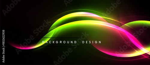 Abstract neon waves over black background. Vibrant colors blend, creating dynamic visual effect. Modern design element.