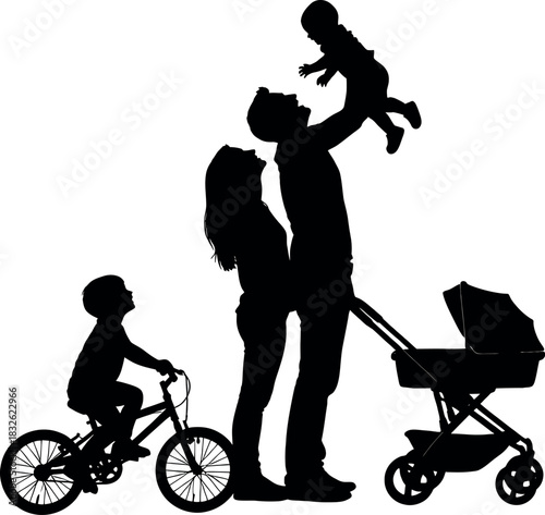 Silhouette of a happy family with two children, one on a bicycle and one baby being held up by father