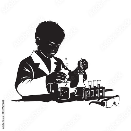 Silhouette boy scientist conducting chemistry experiment in laboratory mixing liquids in beaker test tubes holding dropper isolated on white background