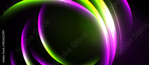 Abstract design features layered, glowing shapes. Vivid green, purple, yellow hues create dynamic visual effect. Smooth gradients dominate composition.