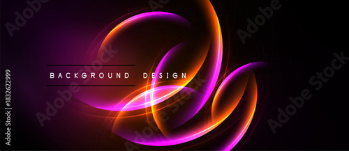 Abstract neon lines create dynamic curves. Purple, orange hues blend over black background. Modern design element.