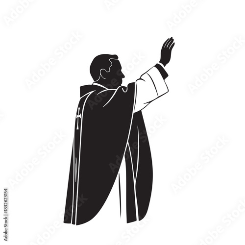 Priest giving blessing silhouette graphic. Vector illustration of religious figure with raised hand.