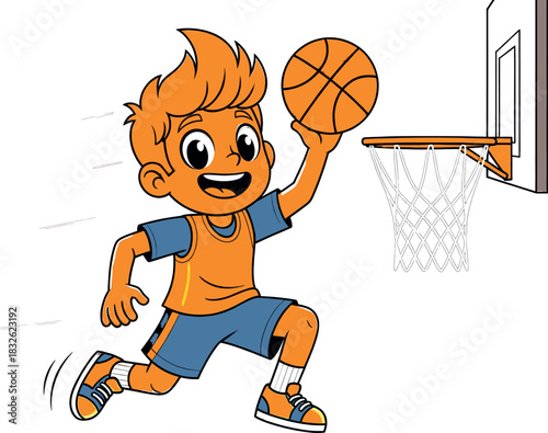 Cute cartoon boy with orange hair playing basketball, jumping to make a slam dunk near the hoop