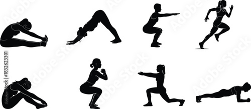 Silhouette collection of women exercising in various poses for fitness and health