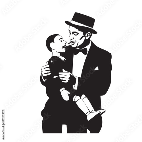 Man holding a dummy ventriloquist puppet silhouette illustration. Vector graphic of male entertainer with prop.