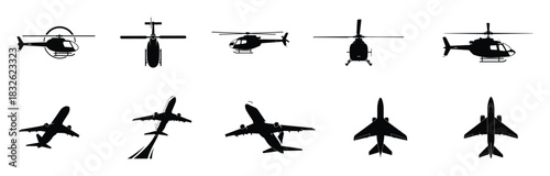 Silhouette collection of aircrafts including helicopters and fighter jets in flight