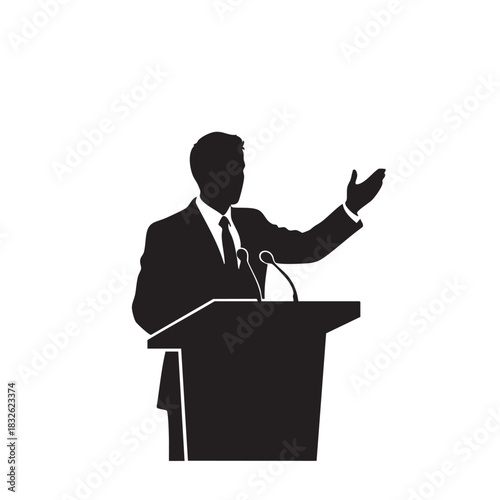 Speaker giving presentation at podium silhouette illustration. Vector graphic of public speaker with microphones.