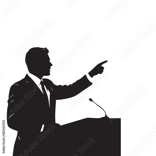 Speaker delivering address from podium silhouette, business conference or political rally, confident man in suit speaking at lectern pointing forward, vector illustration on white background
