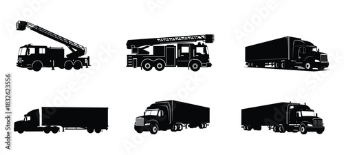 Silhouette collection of heavy duty trucks and construction vehicles