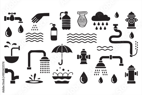 Utility and sanitation symbols including pipes, hydrants, and taps