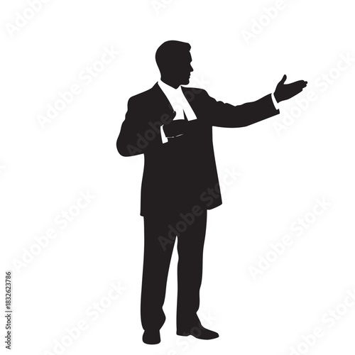 Businessman giving presentation silhouette, formal gesture of invitation or explanation, man in suit with hand extended, vector illustration on white background, corporate communication