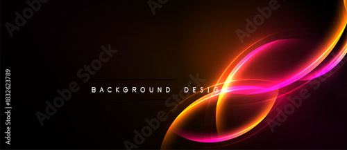 Abstract design features vibrant orange, pink curves against dark backdrop. Text reads background design. Minimalist, modern aesthetic.
