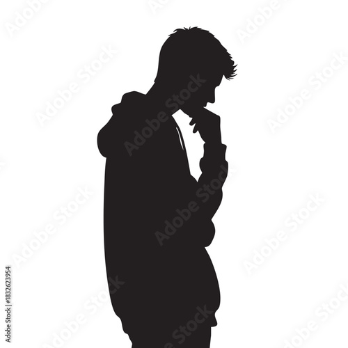 Young man's silhouette in a hooded sweatshirt thinking or pondering, hand to chin, shown in profile view against a white background