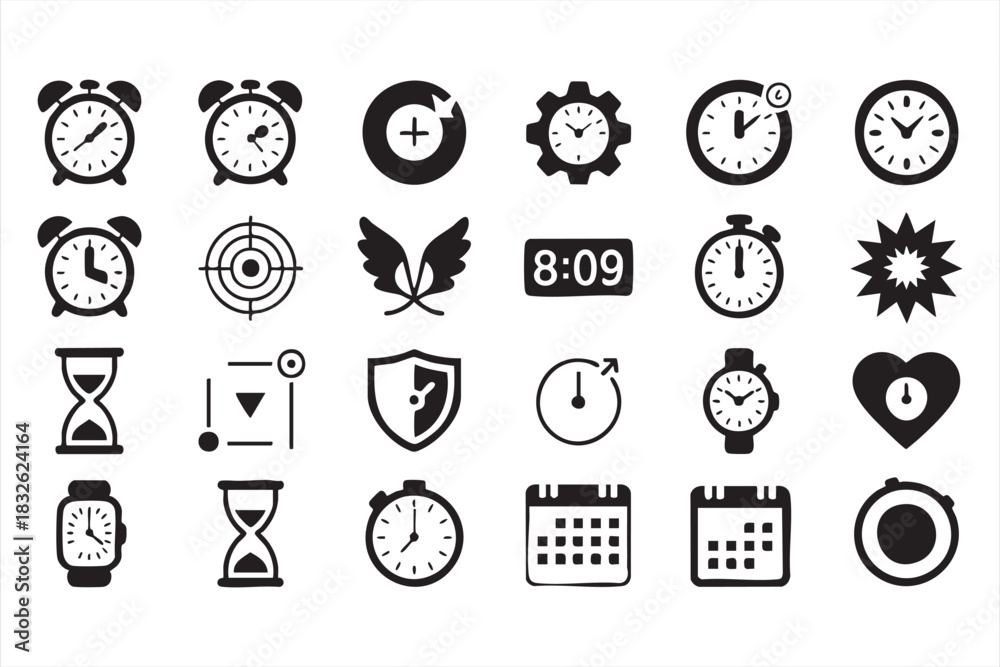 Fototapeta premium Minimal time icons including clocks, timers and scheduling elements
