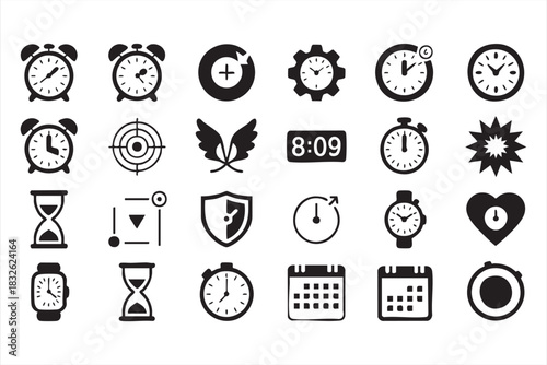 Minimal time icons including clocks, timers and scheduling elements