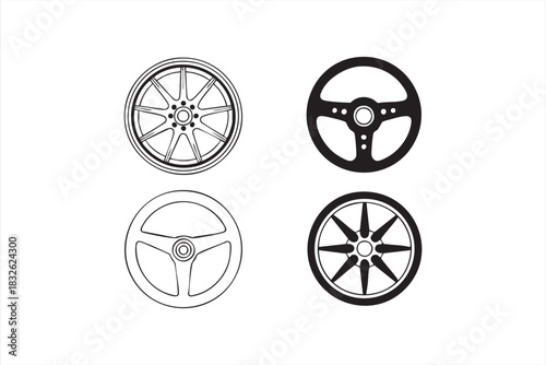 Car wheel and steering icons for auto apps, mechanic tools and dashboards
