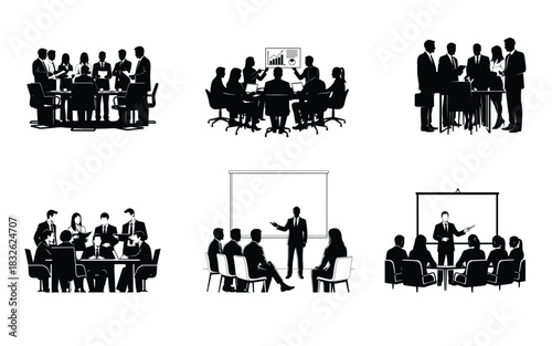 Silhouette illustrations of business meetings presentations and collaborative teamwork scenarios