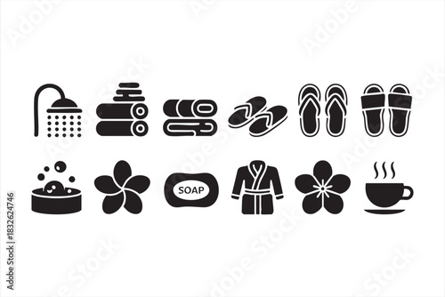 Relaxation and comfort icons featuring towels, flowers, soap and warm drinks
