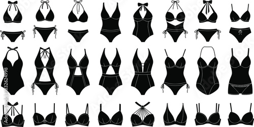 Large collection of various black vector swimsuit, bikini, and lingerie silhouettes, featuring fashionable swimwear designs, beachwear, undergarments, and bathing suit apparel