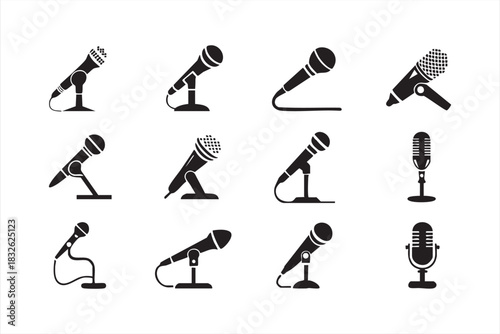 Microphone icon set with handheld, studio and vintage broadcast designs