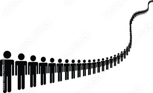 Long line of shrinking black stick figure silhouettes stretching into the distance along an upward curve, representing exponential growth, queue, crowd, progress, population increase,
