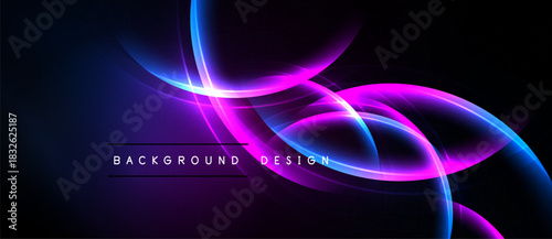 Abstract neon lines create dynamic background. Vivid purple, blue hues dominate dark space. Modern design element.