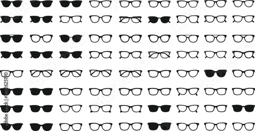 Massive Collection of Eyeglasses and Sunglasses Silhouettes Vector Set, Featuring Different Frame Shapes, Styles, and Sizes, Essential for Optometry, Fashion, and Eye Care Design Concepts.