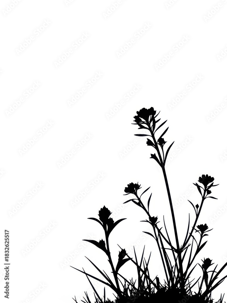 Fototapeta premium Silhouette of Wildflowers and Grass on White plants