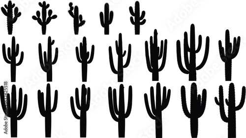 Set of eighteen solid black silhouette vector illustrations of various cactus plants, including saguaro and prickly pear species, representing desert, succulent, western, arid landscape