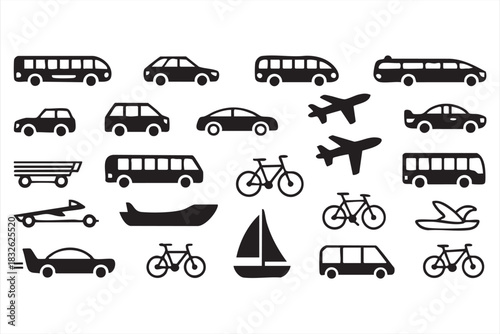 Vehicle icon collection featuring land, air and marine transport silhouettes