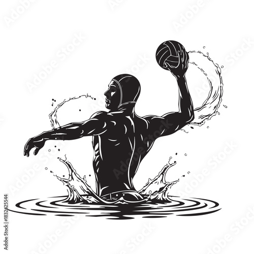 Dynamic Water Polo Player Silhouette Action Shot Water Splash Sport Athlete Competition Graphic
