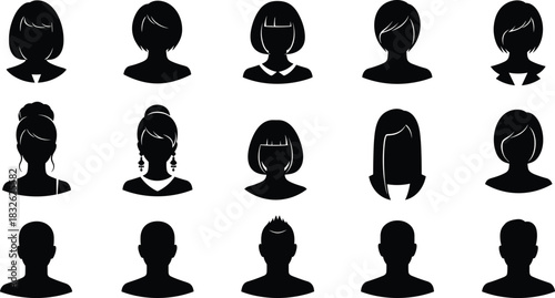 Set of fifteen black vector profile and avatar silhouettes, showcasing various female and male hairstyles, representing user accounts, business profiles, social media, identification, and anonymous 
