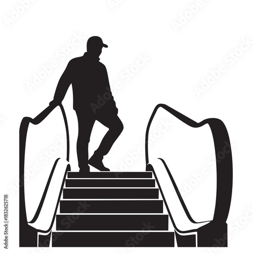Man on Escalator Silhouette Moving Staircase Urban Transport Modern Architecture Convenience Graphic