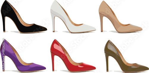 Set of Six Different Colored Classic High-Heel Pump Shoes Vector Illustration, Including Black, Red, White, Nude, Purple, and Khaki, Perfect for Fashion, Elegance, and Retail Advertising Design.