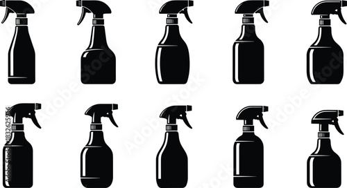 Set of ten solid black silhouette vector icons featuring various plastic spray bottles with trigger dispensers, representing cleaning, household chemicals, gardening, sanitizing, and liquid 