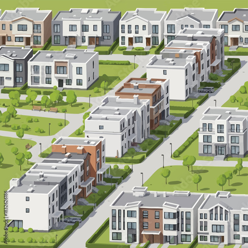 An illustrated aerial view showcases a modern residential neighborhood with contemporary houses and manicured green spaces for a community.