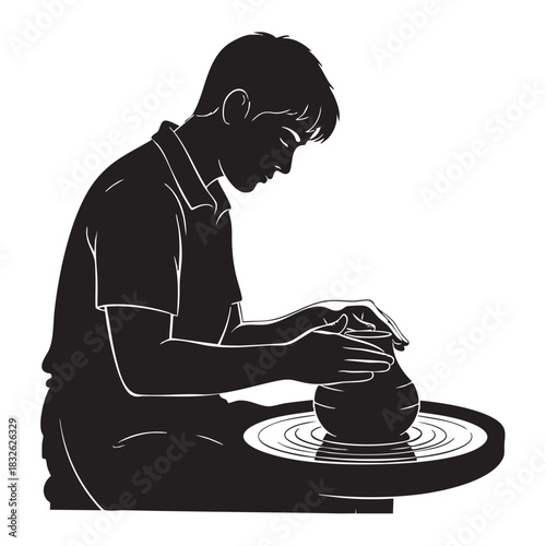 Potter Working on Clay Wheel Silhouette Vector Craftsman Creating Pottery Art